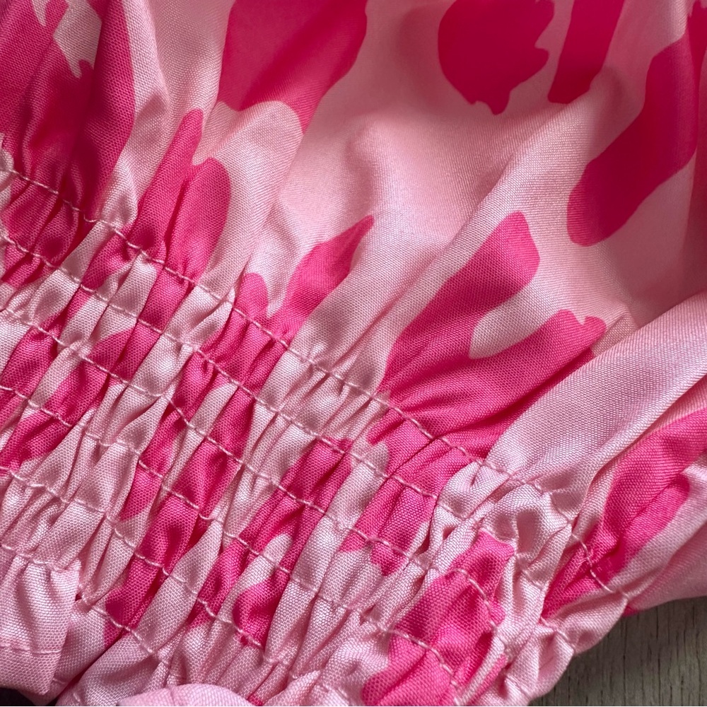 Pink Leopard Print V-neck Bubble Sleeve Smocked Blouse Top Silk Boutique Ruffle - Picture 7 of 12